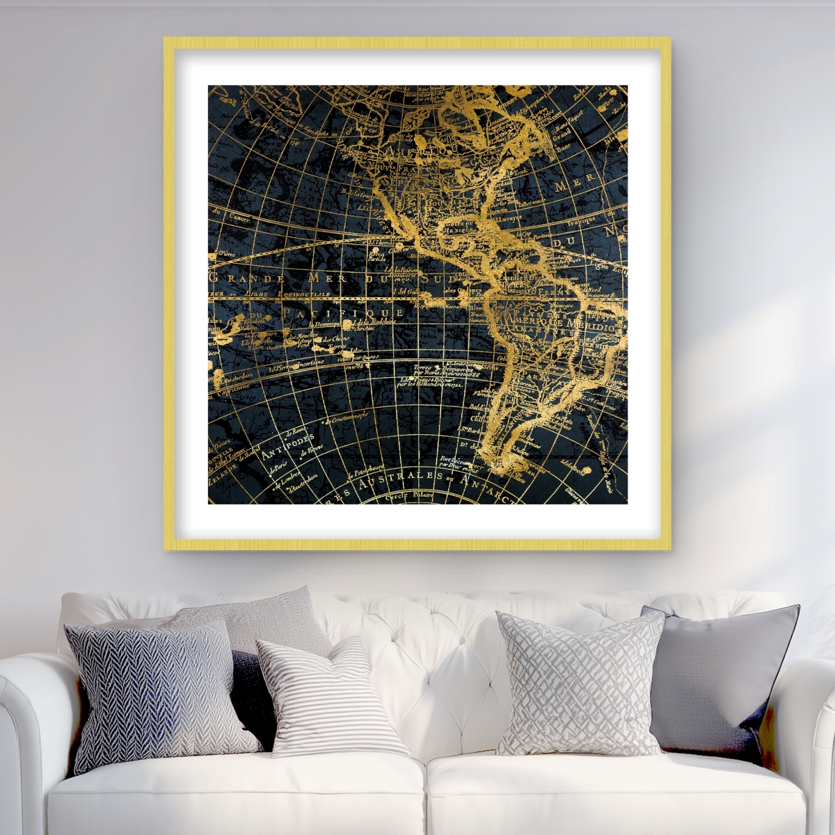 C1FM3636VVOUMQ 36 x 36 in. Blue & Marine World Map Globe - Framed Matted Print Decor