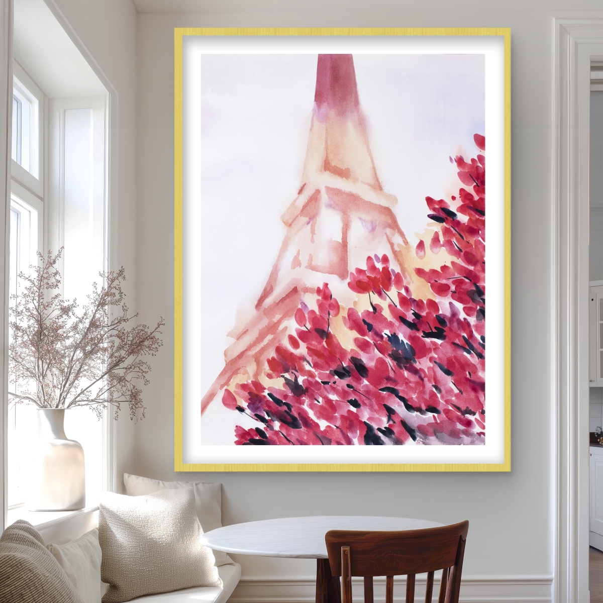 C1FM3648A6UYUM 36 x 48 in. Pink Eiffel Tower - Romantic Flowers Framed Matted Print
