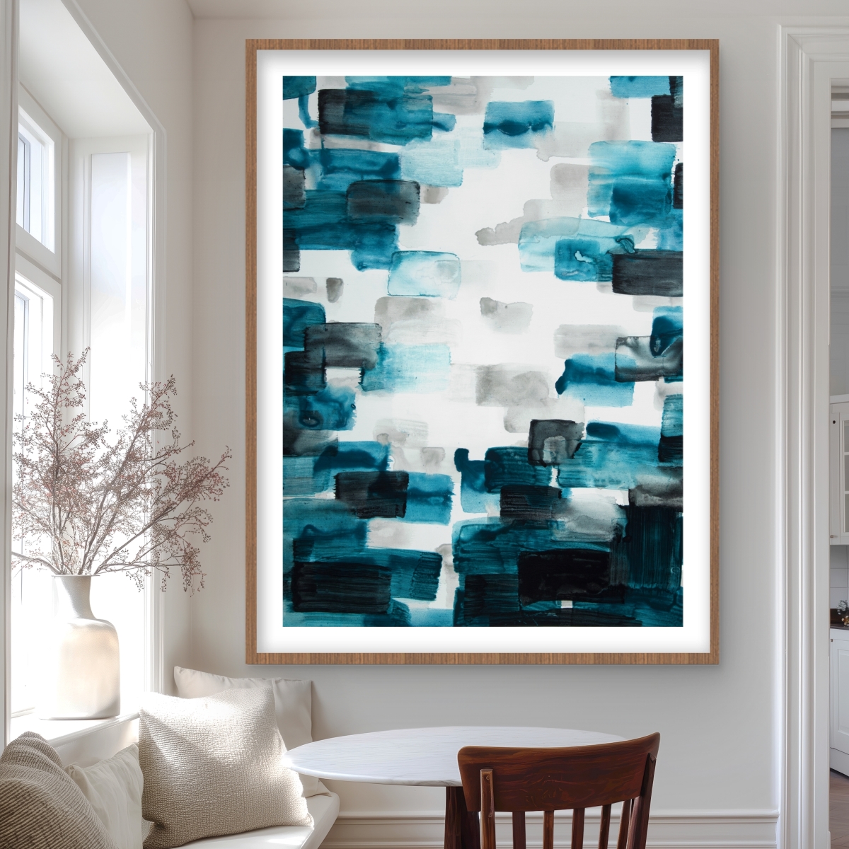 C1FM3648LSGPHV 36 x 48 in. Turquoise & Gray Squares - Abstract Blue Framed Print
