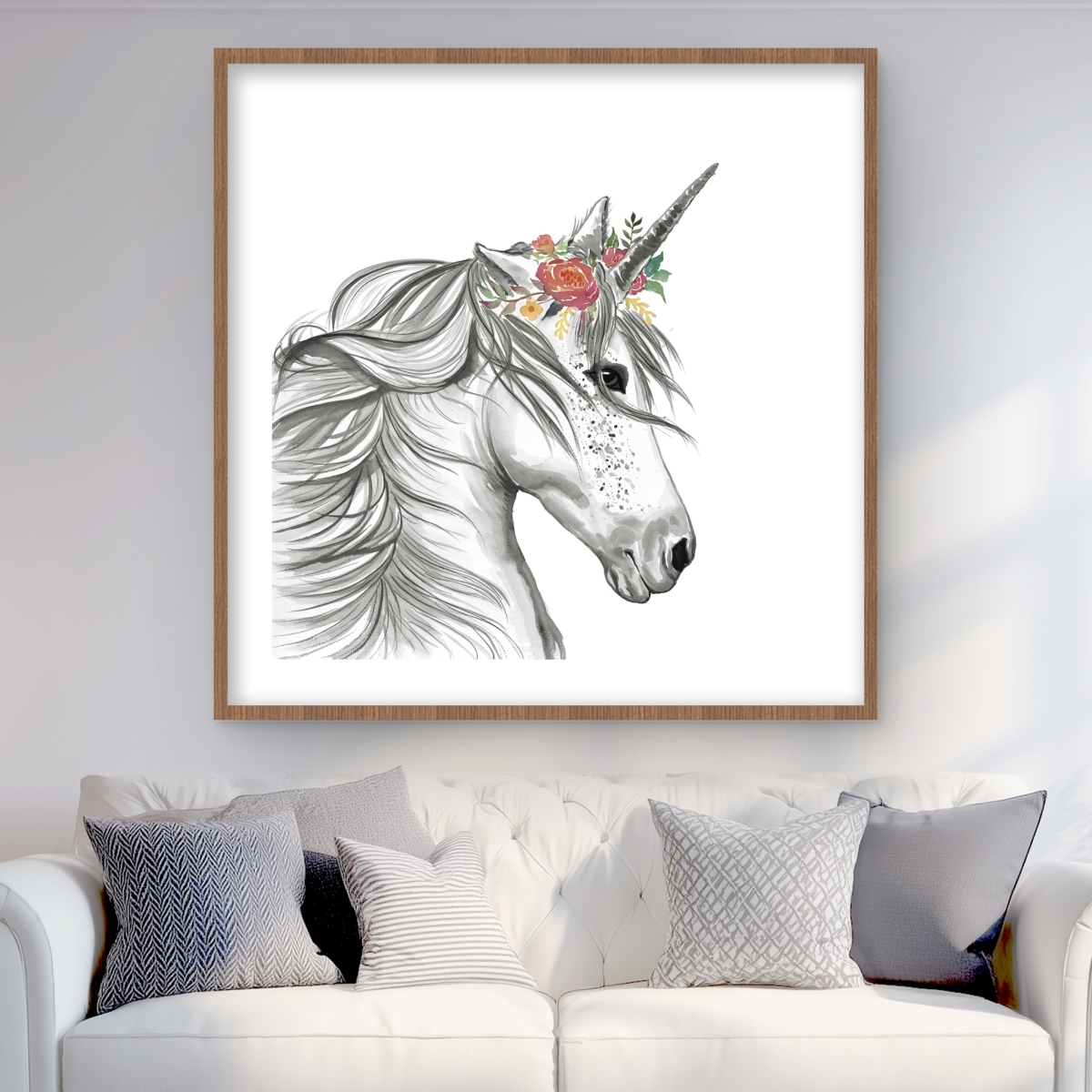 C1FM3636NWSB82 36 x 36 in. Magic Unicorn - White Illustrative Framed Matted Print Decor