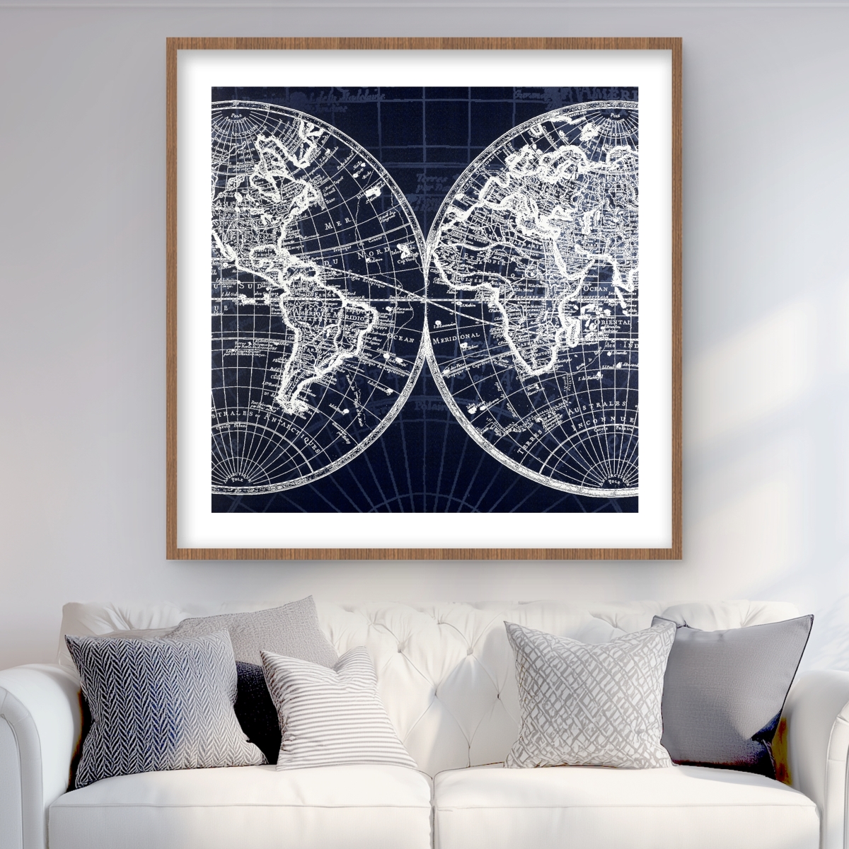 C1FM3636FIFLCV 36 x 36 in. World Map Blue Print - Framed Matted Print for Home Decor