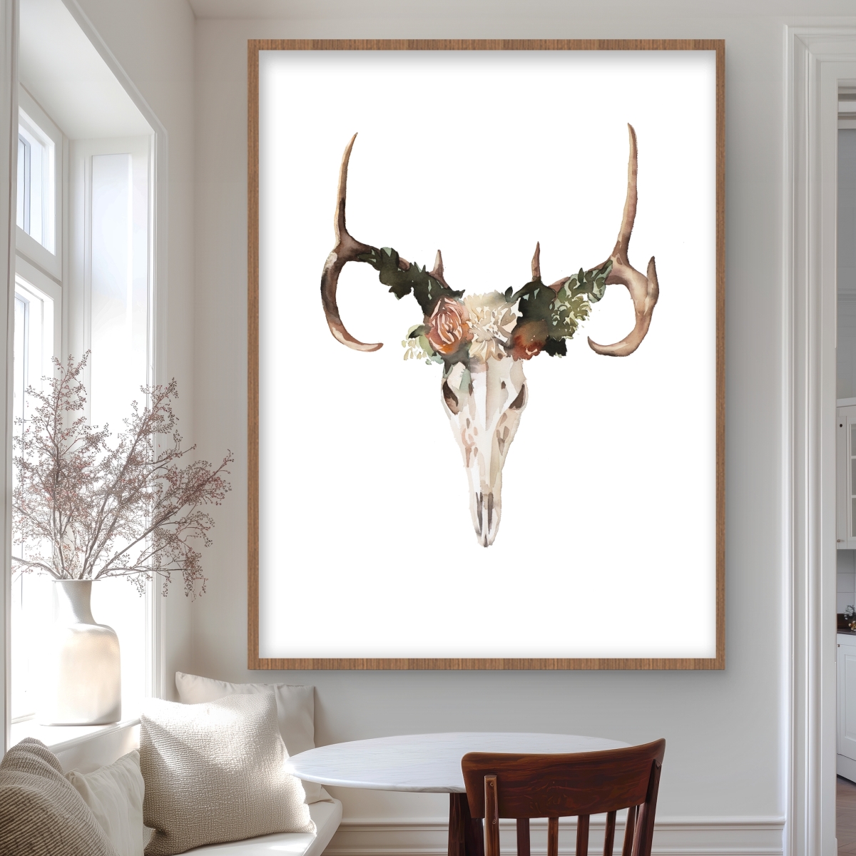 C1FM364847B64V 36 x 48 in. Deer Skull with Roses - Framed Matted Print for Home Decor