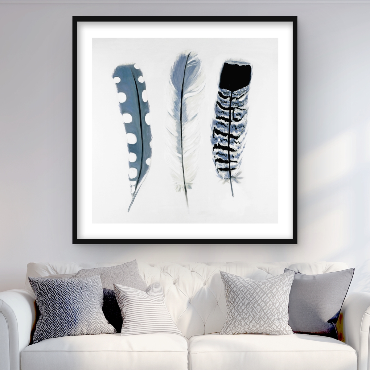 C1FM3636OB2CP1 36 x 36 in. Delicate Blue Feathers - Bohemian Framed Matted Print Decor
