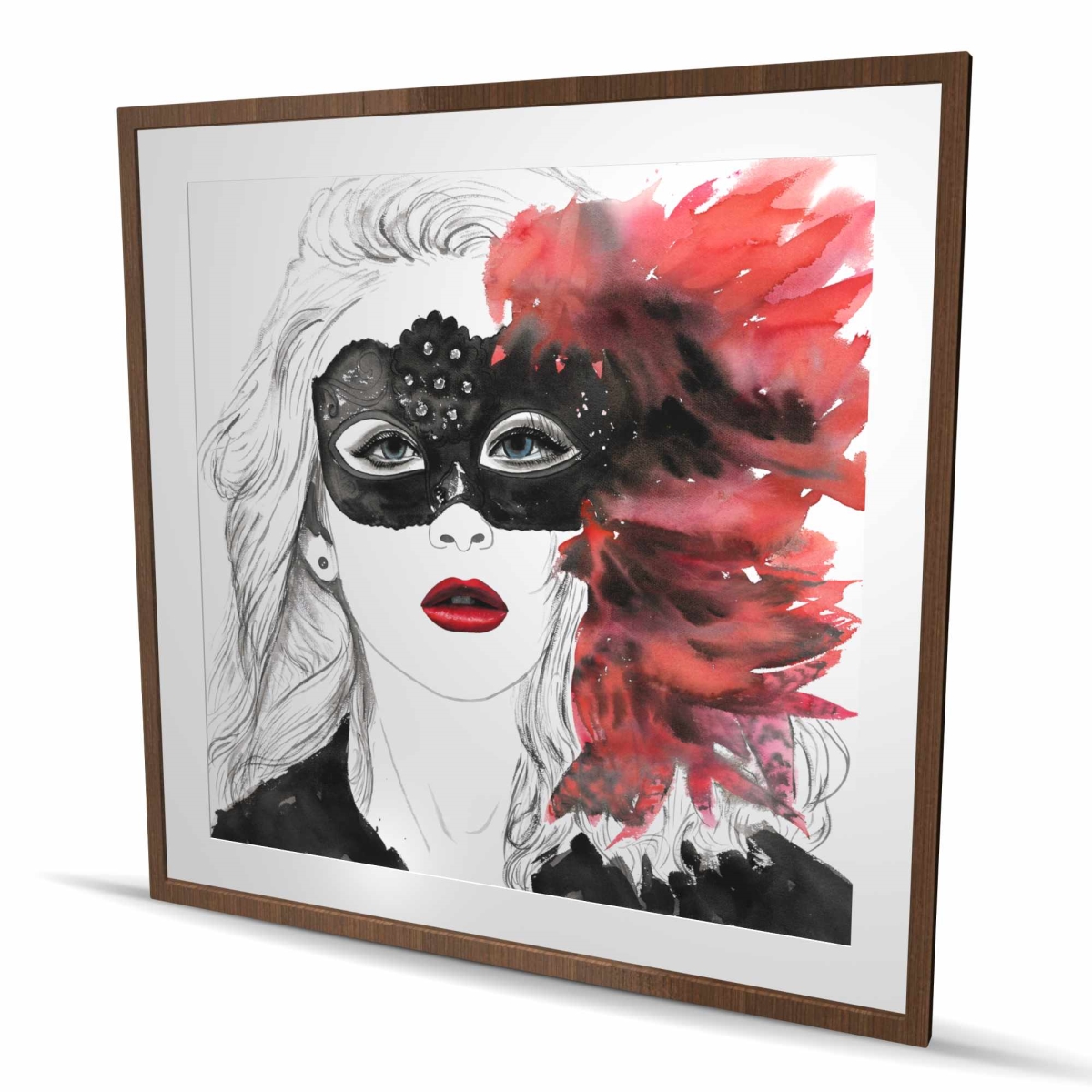 C1FM48483W3UPM 48 x 48 in. Masked Ball - Feathers Romantic Framed Matted Print Decor