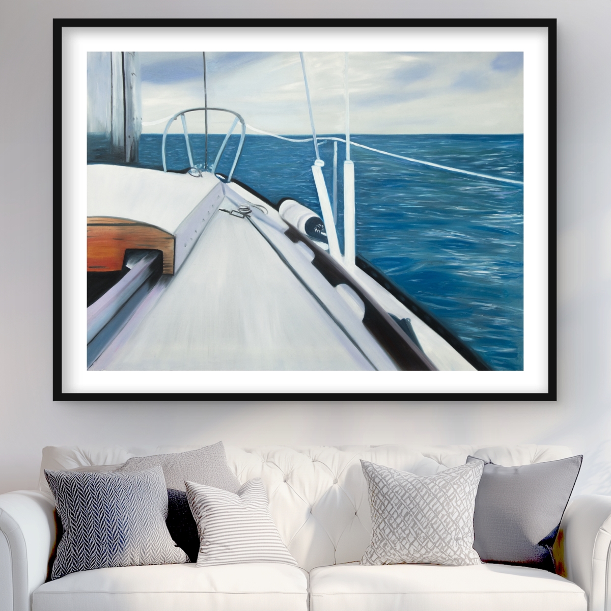 C1FM36480W09IC 36 x 48 in. Sail on the Water - Blue Bathroom Framed Matted Print Decor