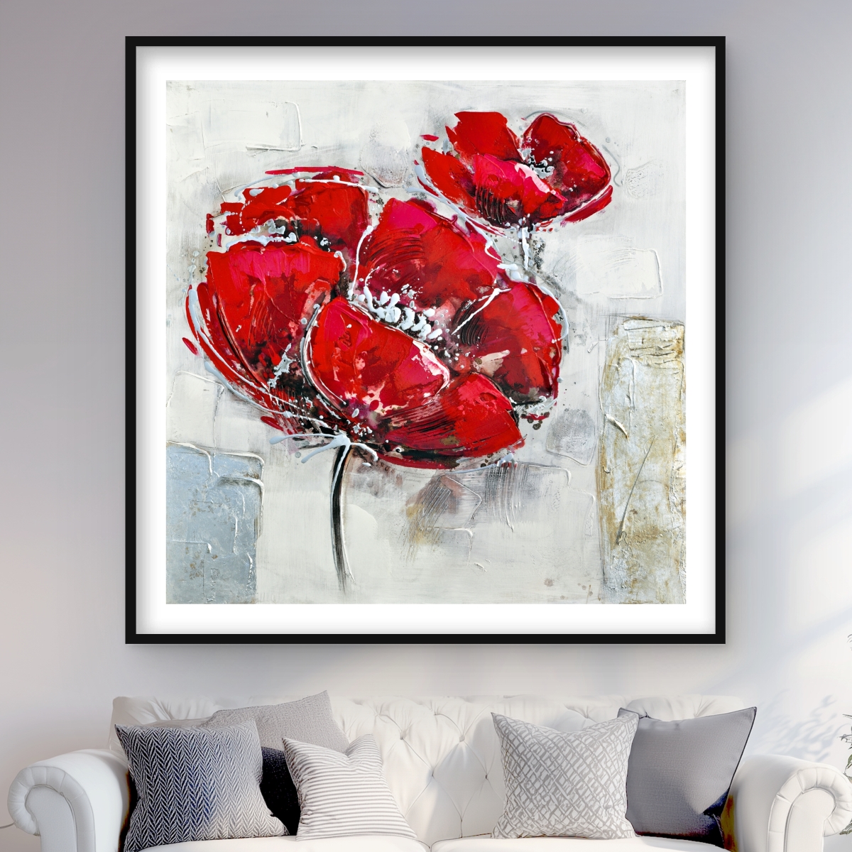 C1FM4848EWZV1C 48 x 48 in. Abstract & Texturized Red Flowers - Framed Matted Print