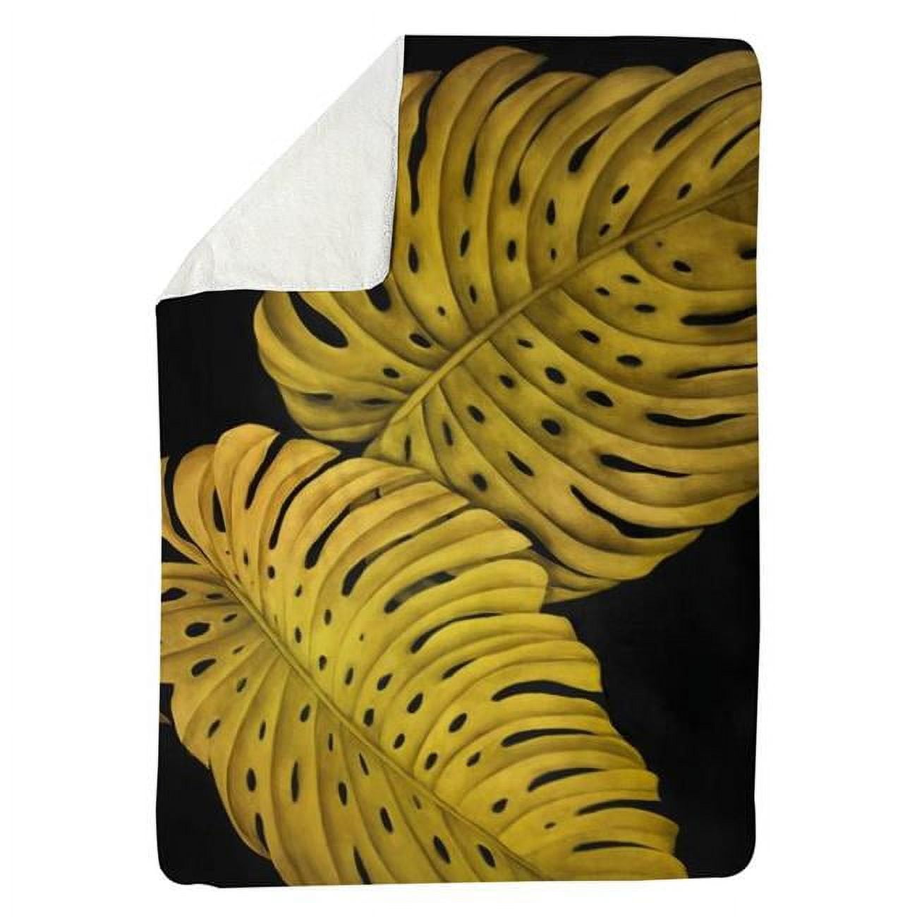 60 x 80 in. Gold Monstera-Sherpa Fleece Blanket