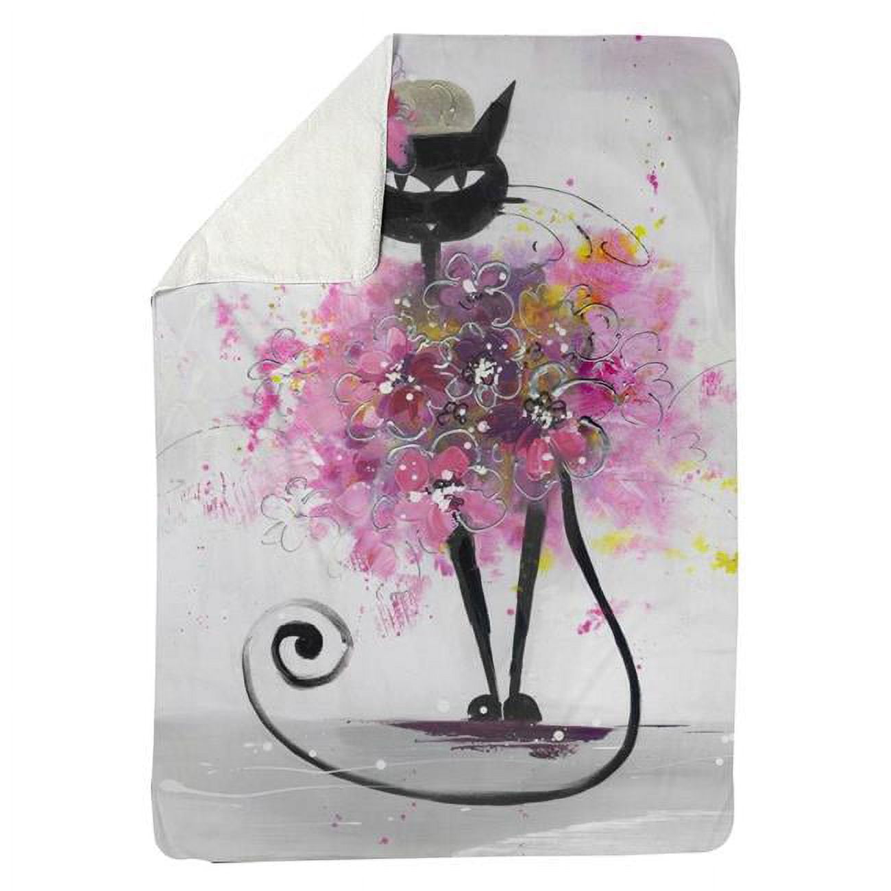 5545-6080-AN30 60 x 80 in. Cartoon Cat with Pink Flowers-Sherpa Fleece Blanket
