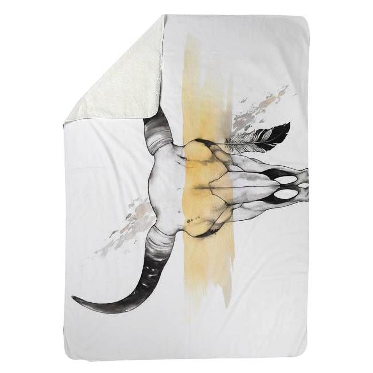 5545-6080-AN326 60 x 80 in. Cow Skull with Feather-Sherpa Fleece Blanket