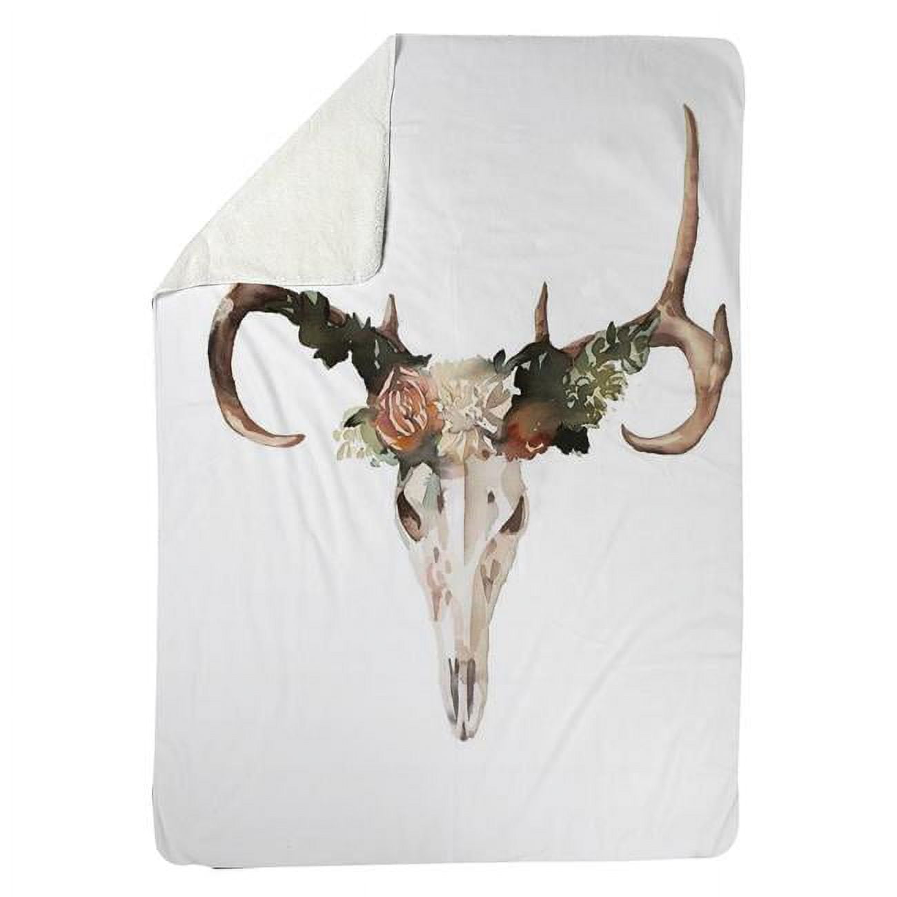 5545-6080-AN405 60 x 80 in. Deer Skull with Roses-Sherpa Fleece Blanket