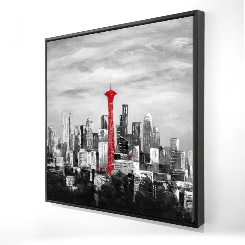 2081-2424-CI271 24 x 24 in. Space Needle in Red Canvas - White Industrial Frame Decor