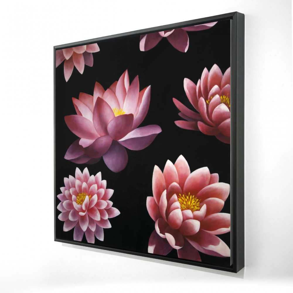 2081-2424-FL322 24 x 24 in. Lotus Flower Pattern Canvas - Black Asian Botanical Decor