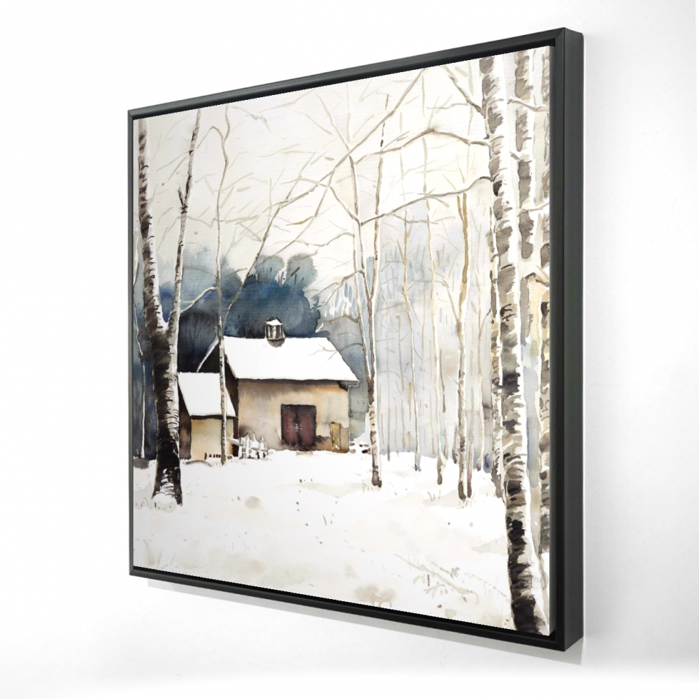 2081-2424-LA150 24 x 24 in. Rustic Bedroom Canvas - Small Winter Barn Trees Framed Decor