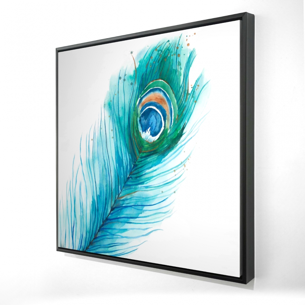 2081-2424-AN357 24 x 24 in. Animals Romantic Blue Framed Canvas - Long Peacock Feather Decor