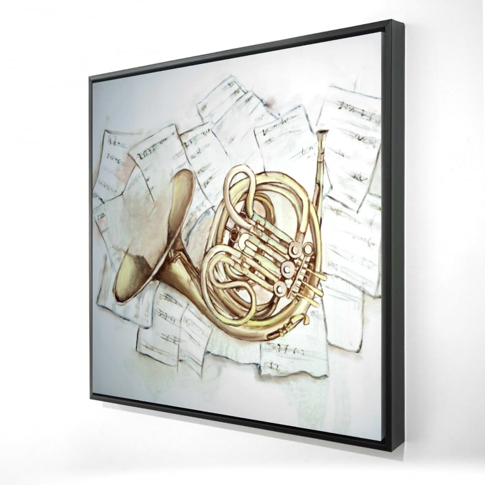 2081-2424-MU43 24 x 24 in. White Musical Bedroom Canvas - Horn on Music Sheet Decor