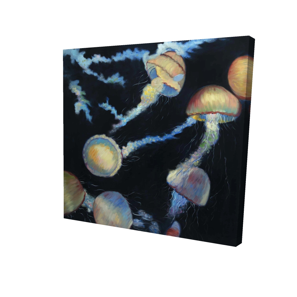 2080-2424-AN433 24 x 24 in. Colorful Jellyfishes in the Dark Blue Canvas - Home Decor