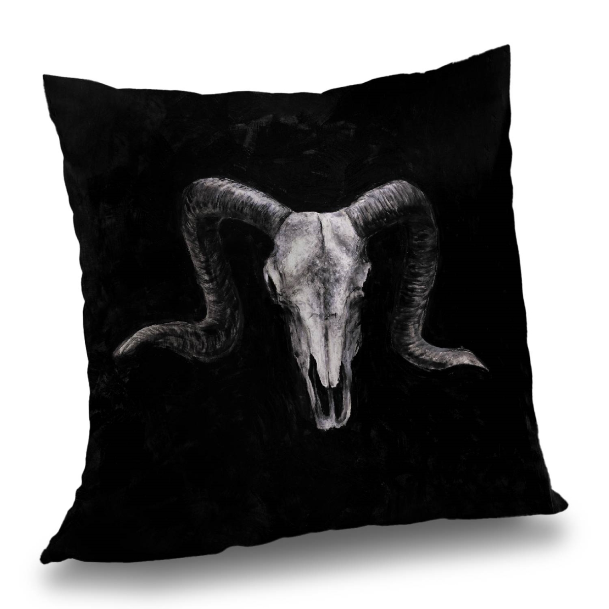 C1PT141447D76B 14 x 14 in. Ram Skull Grunge Style Black Poly Twill Throw Pillow - Home Decor