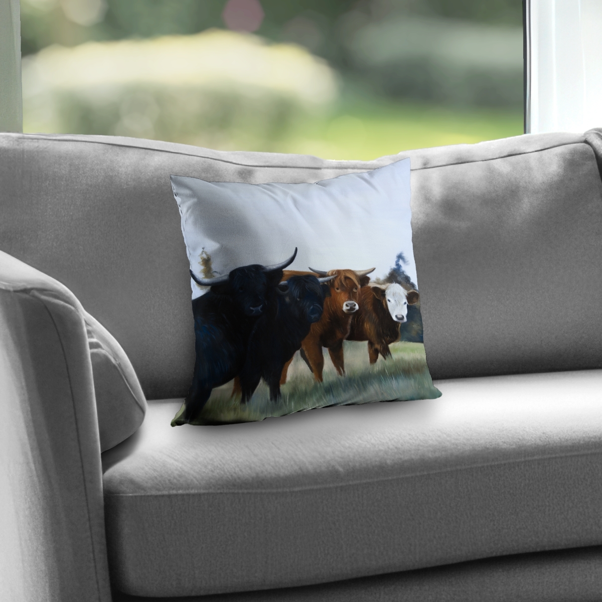 C1PT1414J99E9U 14 x 14 in. Four Highland Cows Poly Twill Throw Pillow - Home Decor