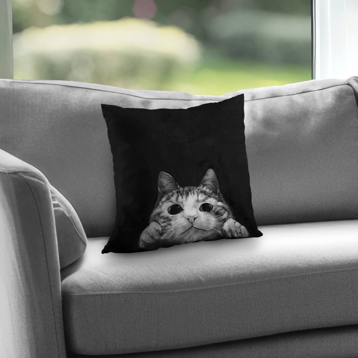 C1PT14149CJ2O9 14 x 14 in. Curious Cat Black Poly Twill Throw Pillow - Home Decor Insert