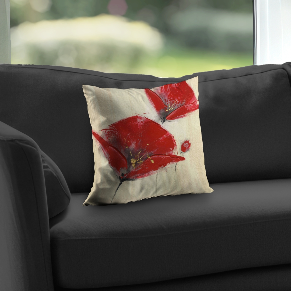 C1PT1414HDR83F 14 x 14 in. Three Red Flowers with Texture - Contemporary Throw Pillow