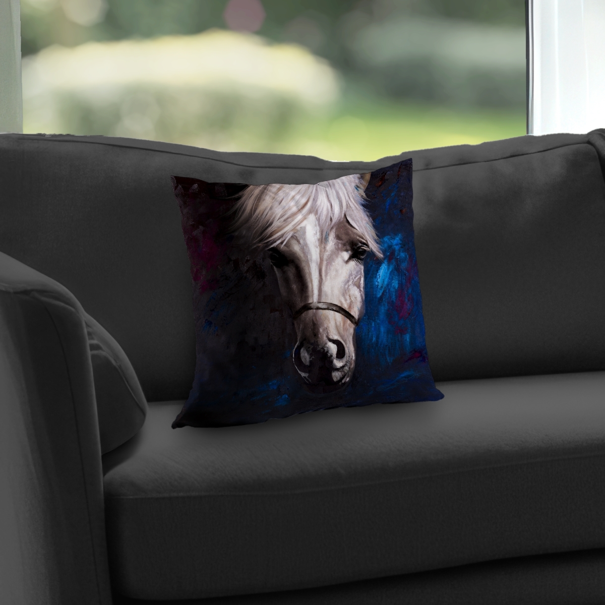C1PT1414EU6MSB 14 x 14 in. White Horse on Blue Background - Gray Poly Twill Throw Pillow