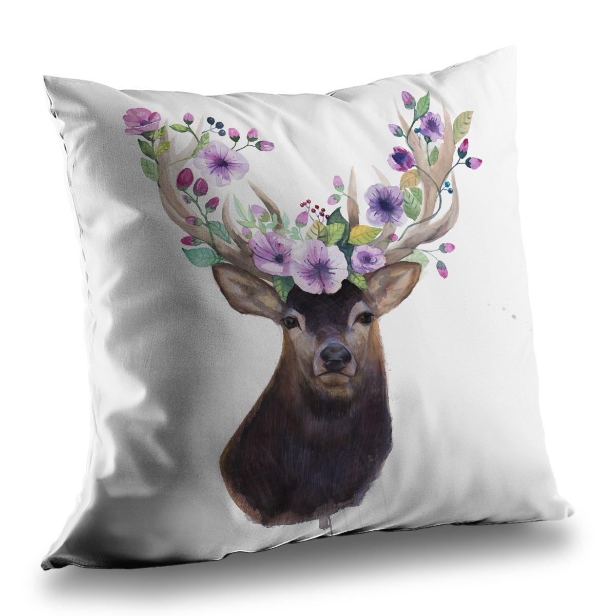 C1PT1414QDI2O7 14 x 14 in. Roe Deer Head with Flowers - Brown Poly Twill Throw Pillow