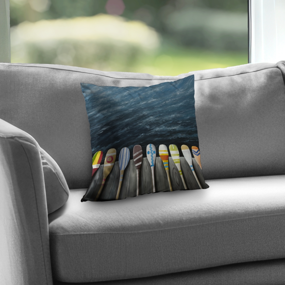 C1PT1414YLJDA4 14 x 14 in. Colorful Paddles on the Dock - Brown Poly Twill Throw Pillow