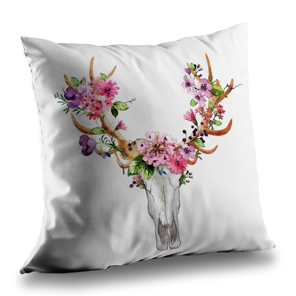C1PT1414FTH3DC 14 x 14 in. Rustic Deer Skull with Flowers - Poly Twill Throw Pillow