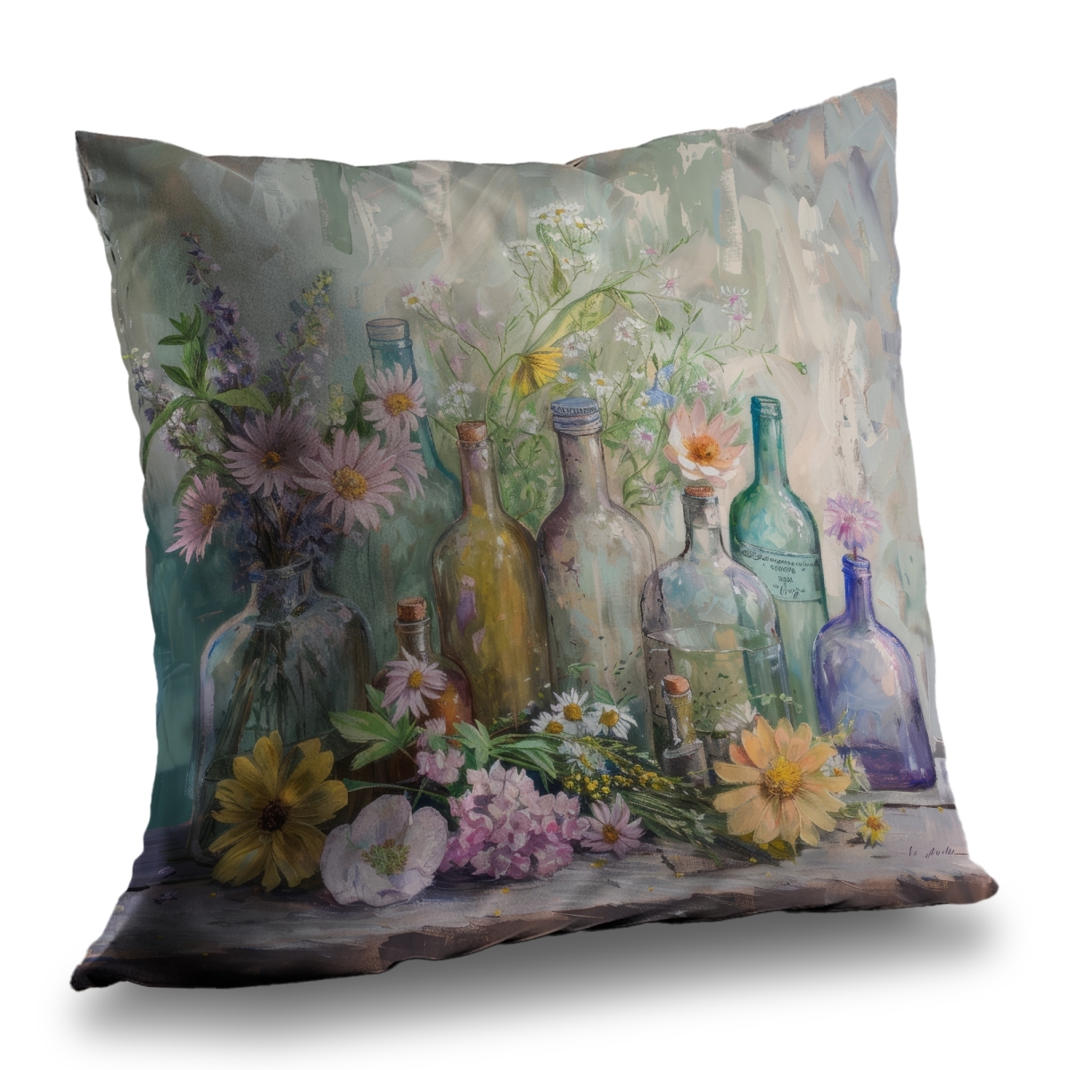 C1PT14141YU92G 14 x 14 in. Flowers & Bottles Poly Twill Throw Pillow - Insert Included
