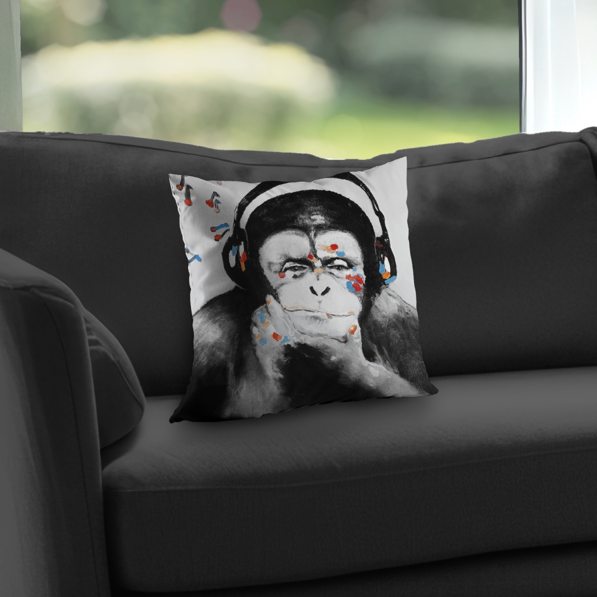 C1PT1414Q75B59 14 x 14 in. Monkey with Headphones - Orange Poly Twill Throw Pillow