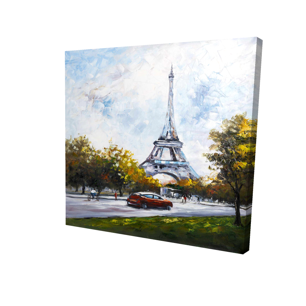 2080-2424-ST31 24 x 24 in. Driving Near Eiffel Tower Trees Blue Canvas Home Decor