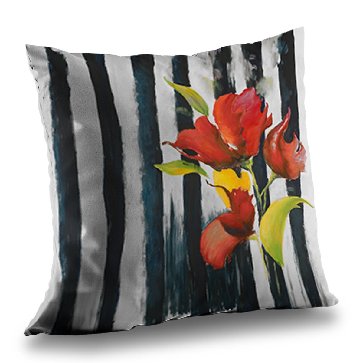 C1PT1414TYJVG9 14 x 14 in. Flowers on Black & White Stripes - Floral Throw Pillow