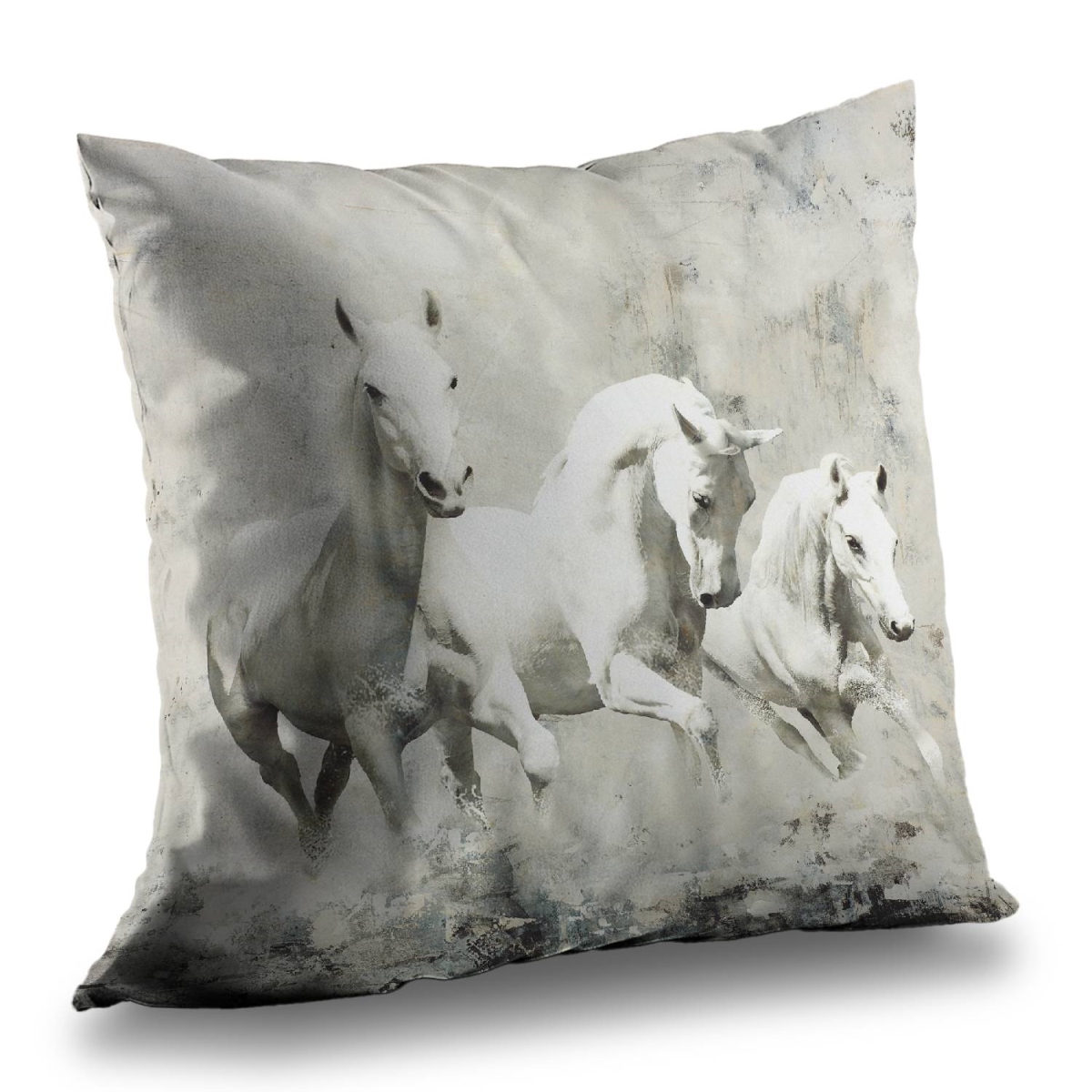 C1PT14145PPL2X 14 x 14 in. Three White Horses Running - White Poly Twill Throw Pillow