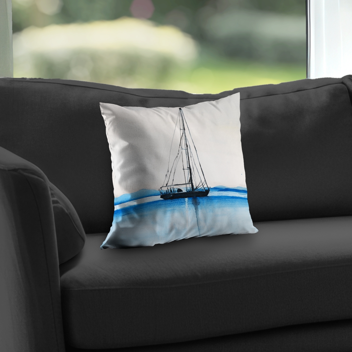 C1PT1414A9OC85 14 x 14 in. Boat Blue Bedroom Throw Pillow - Sailboat on Calm Water Decor