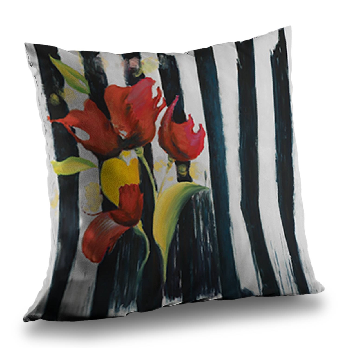 C1PT1414VUSW0J 14 x 14 in. Red Flowers on Stripes - White Contemporary Throw Pillow