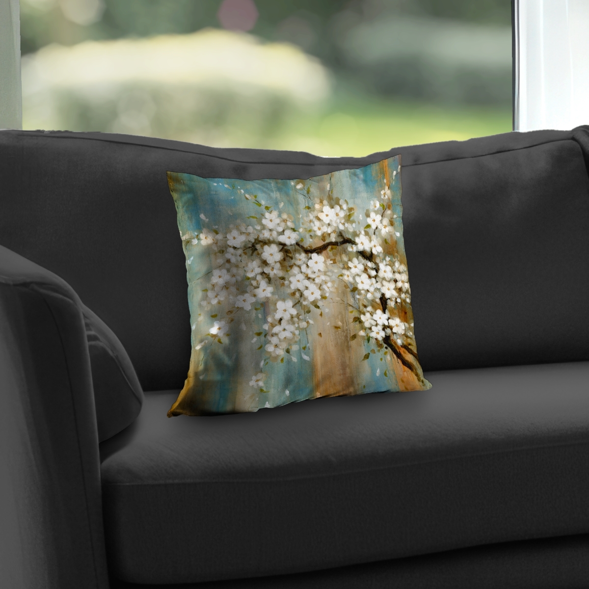 C1PT1414YVBTTL 14 x 14 in. Relaxing Cherry Blossoms Turquoise Throw Pillow - Home Decor