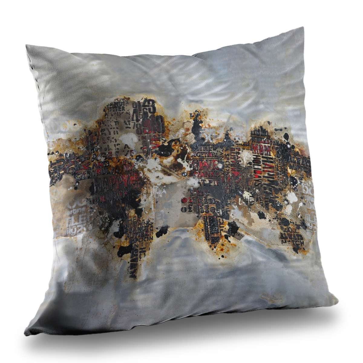 C1PT1414L6FI17 14 x 14 in. Texturized World Map Typography - Brown Satellite View Pillow
