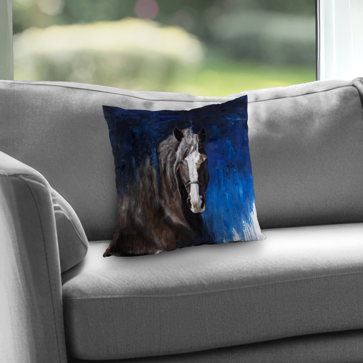 C1PT1414DTK7GD 14 x 14 in. Brown Horse on Blue Background - Poly Twill Throw Pillow