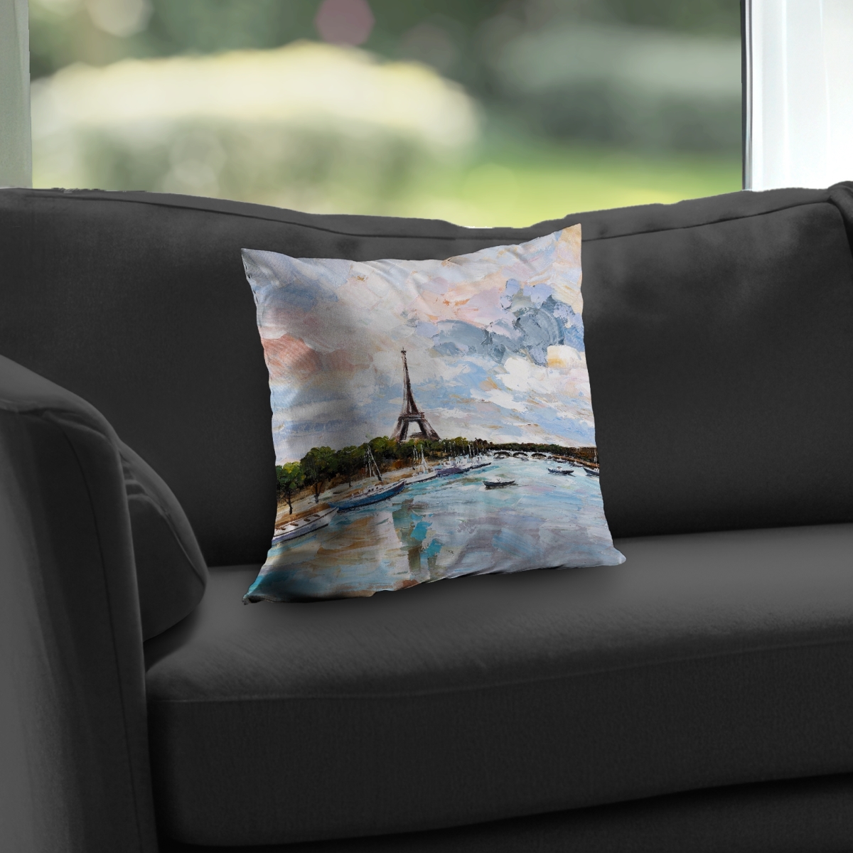 C1PT1414SSD4L9 14 x 14 in. Boats on the Seine at Paris Throw Pillow - Green Modern Decor