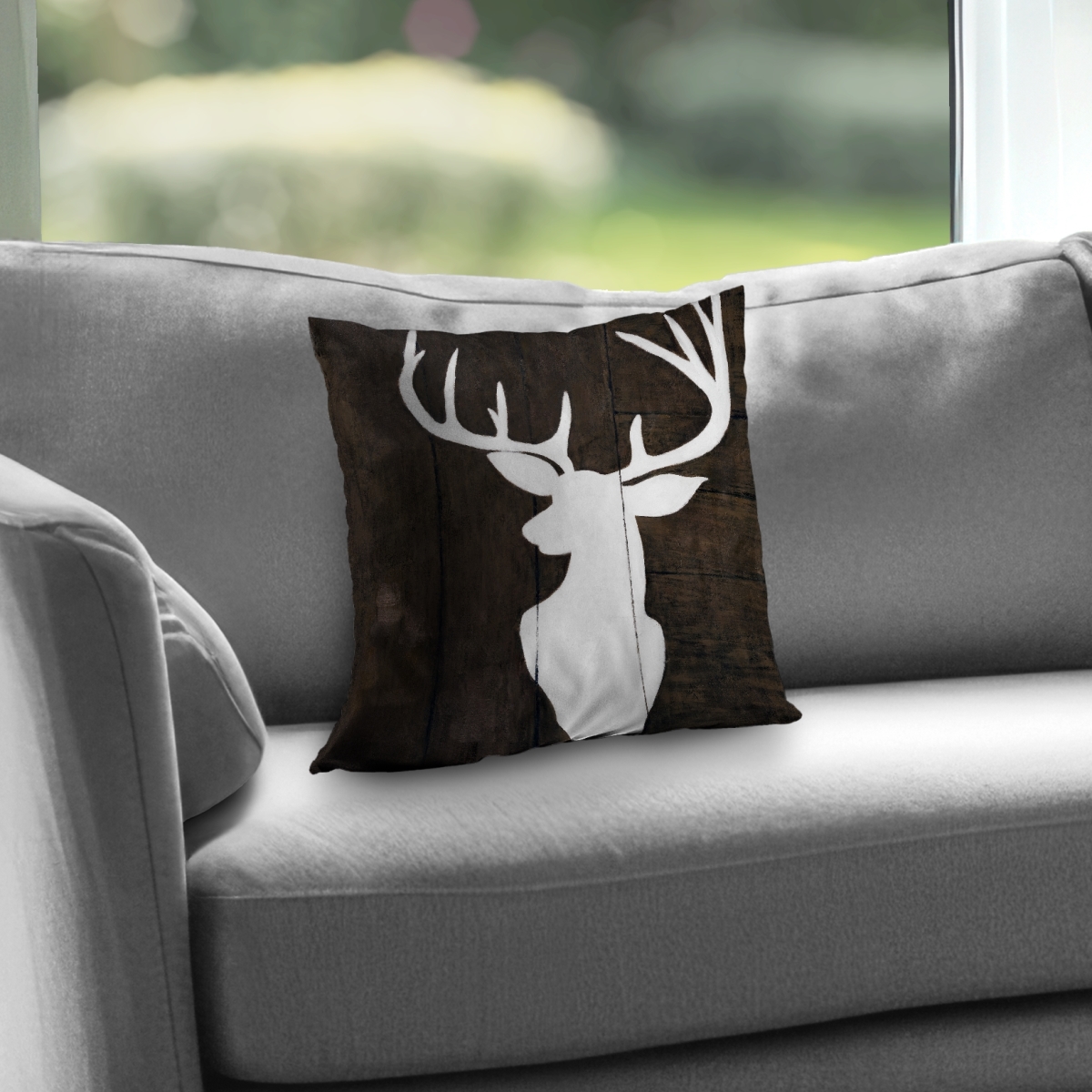 C1PT1414WQAETT 14 x 14 in. Silhouette of A Deer on Wood - White Poly Twill Throw Pillow