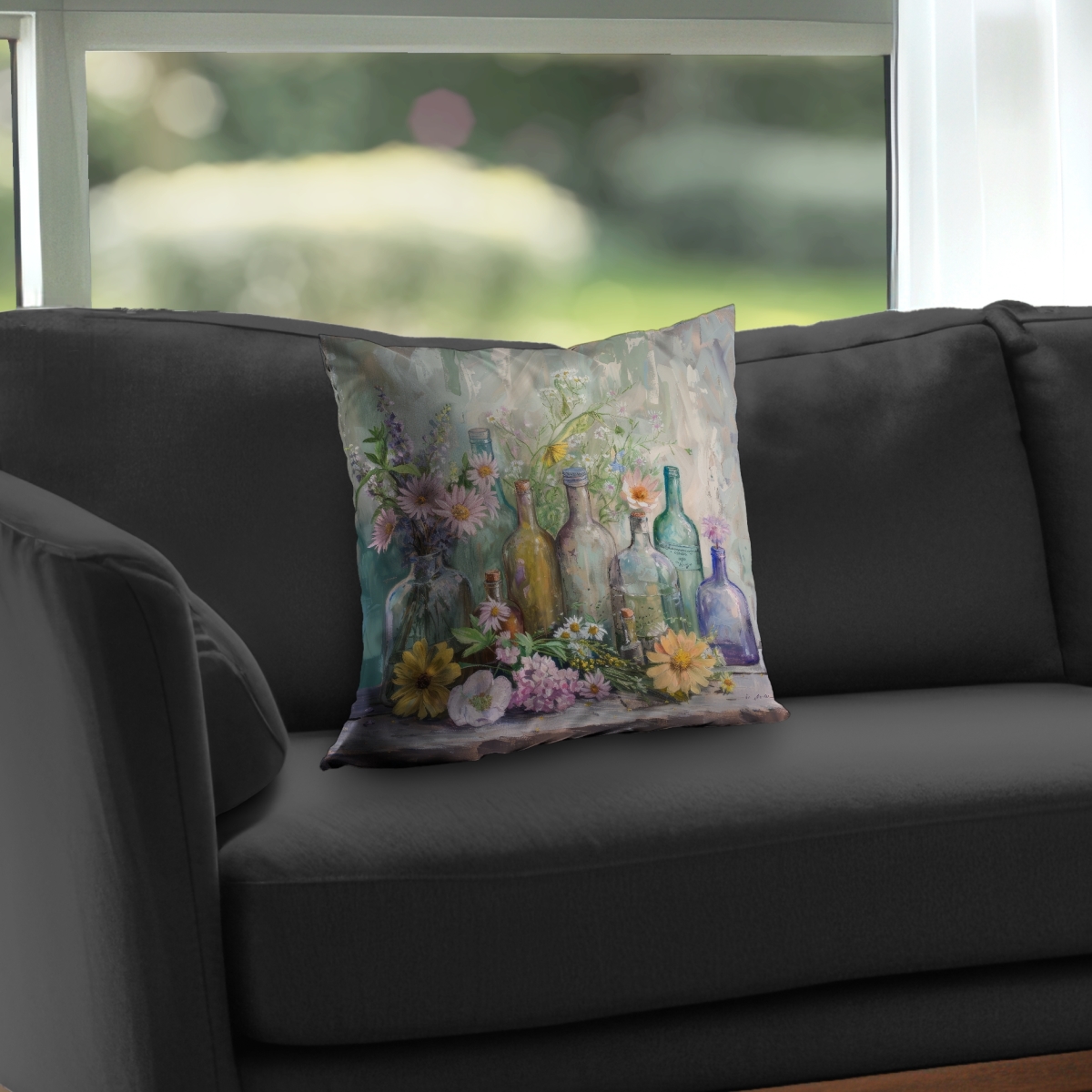 C1PT1616DCRIZG 16 x 16 in. Flowers & Bottles Gray Poly Twill Throw Pillow Insert - Home Decor