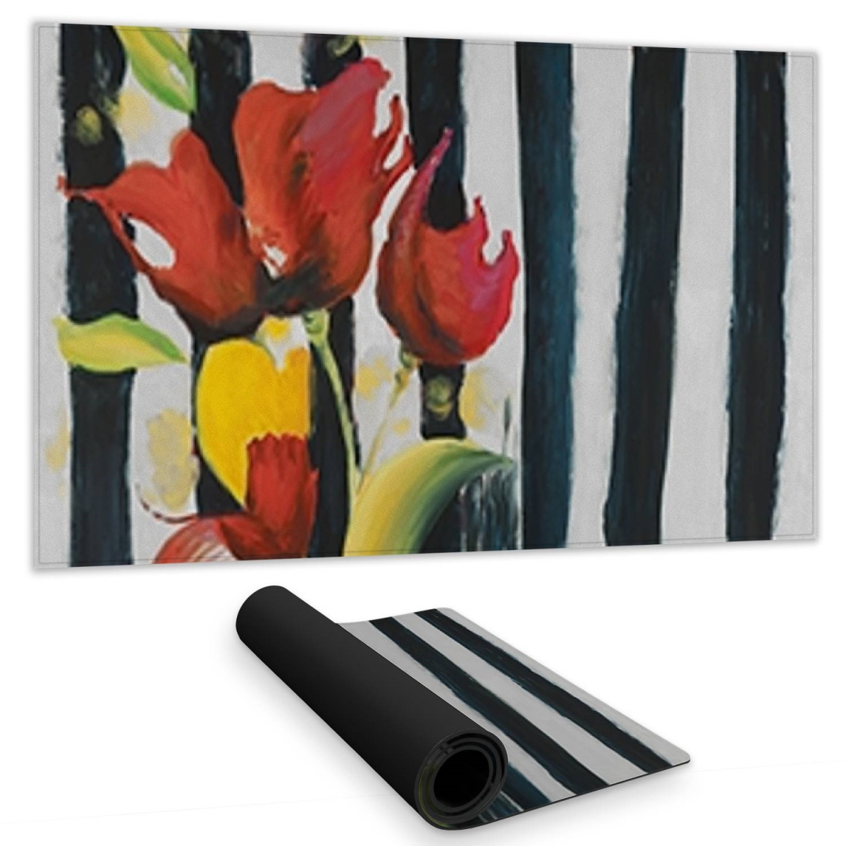 C1DM142435EUBP 14 x 24 in. Contemporary Blue Desk Mat - Red Flowers on Stripes Design