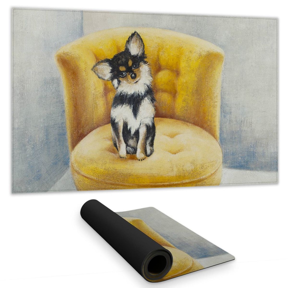 C1DM1424FX2ATW 14 x 24 in. Contemporary Gray Animals Desk Mat - Chihuahua on Yellow Chair