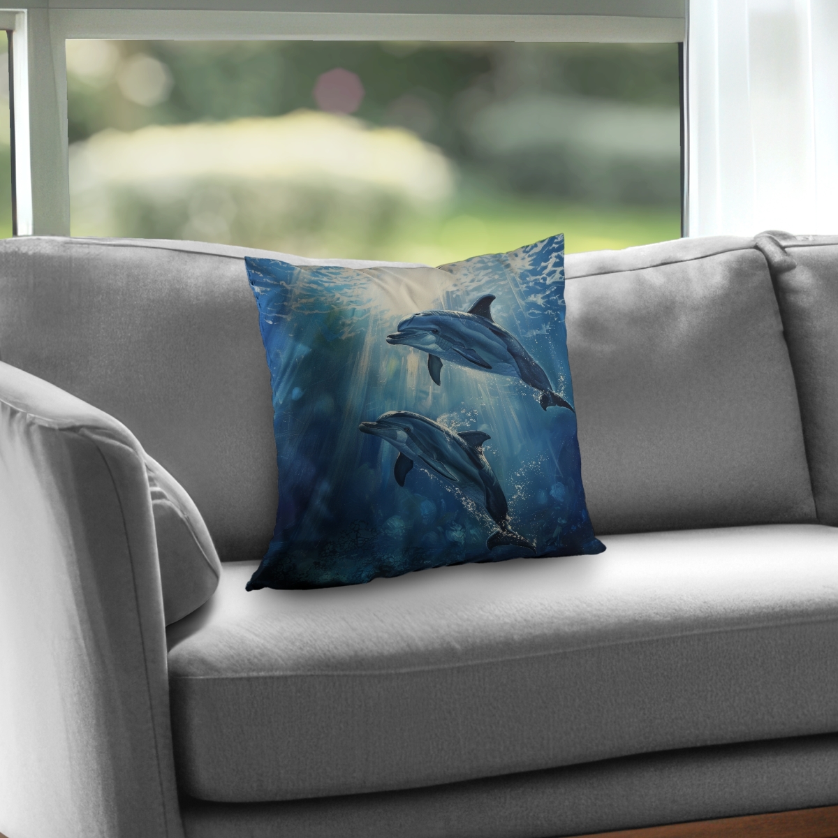C1PT1616GUYA0C 16 x 16 in. Two Dolphins Blue Poly Twill Throw Pillow - Home Decor Insert