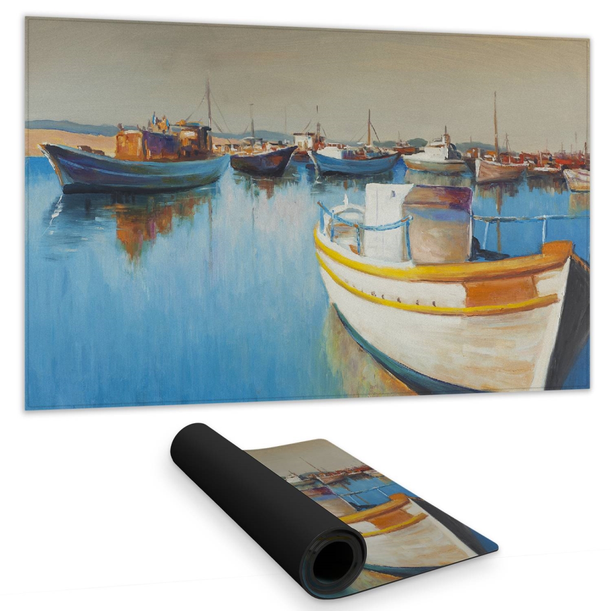 C1DM1424B77SGJ 14 x 24 in. Coastal Bedroom Boat Desk Mat - Fishing Boats at Marina Decor