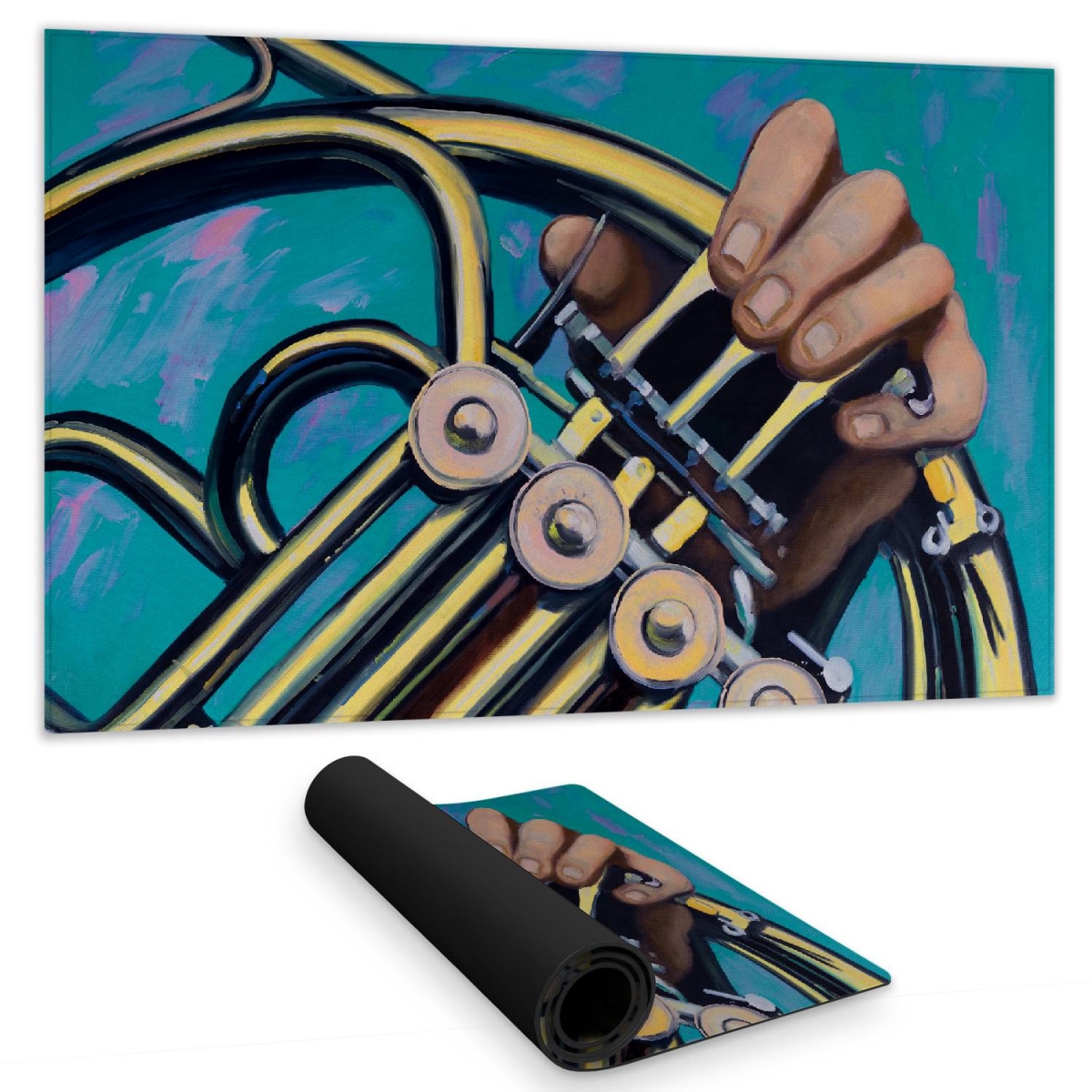 C1DM14248EOBDS 14 x 24 in. Yellow Modern Desk Mat - Musician with French Horn Decor