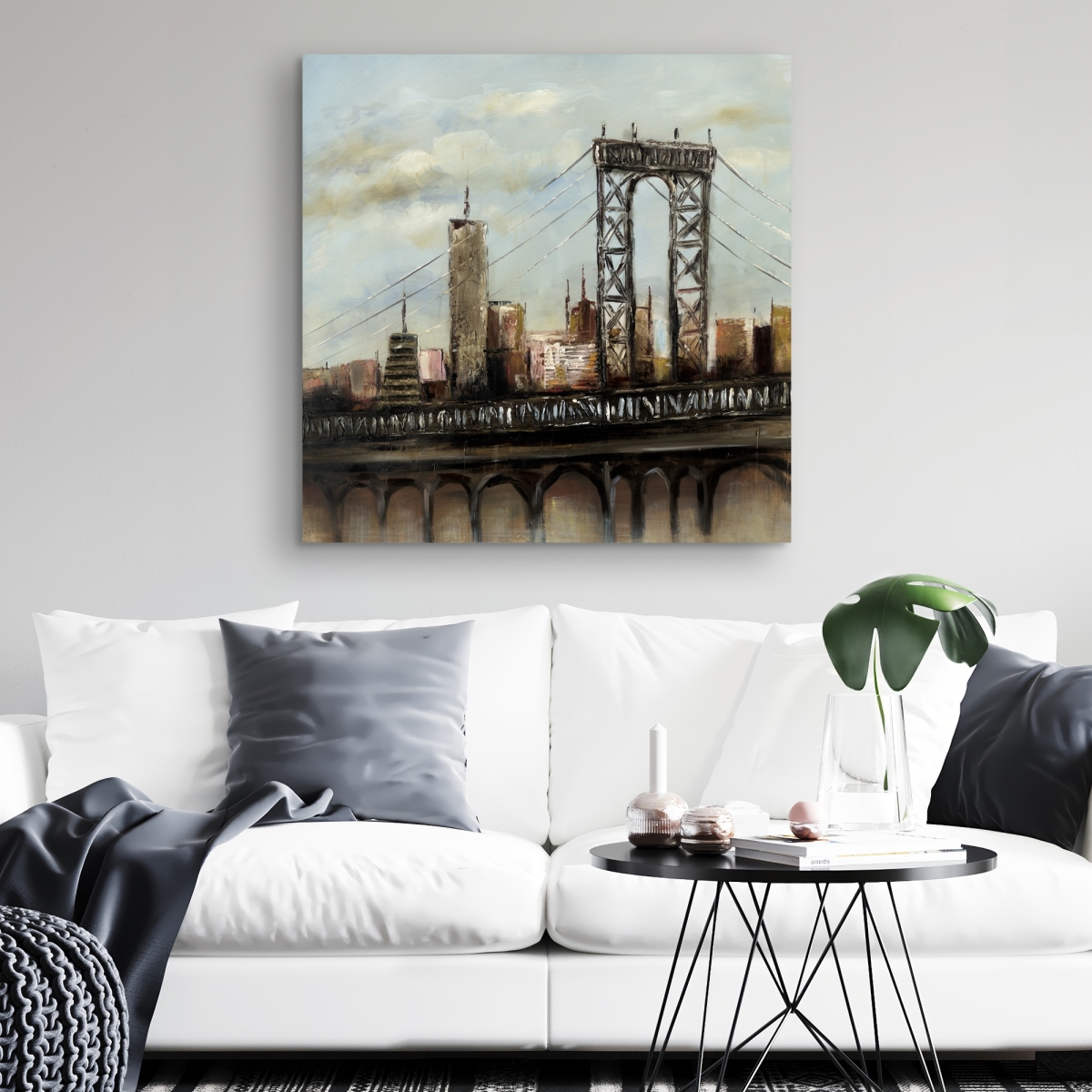 C1RC3232P2BZ4E 32 x 32 in. Brown Cities Contemporary Canvas - City Bridge Cloudy Day Decor