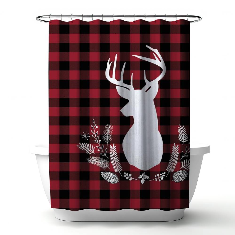 4240-7174-HO2 71 x 74 in. Deer Plaid Shower Curtain - Holiday Kitchen Pattern Decor