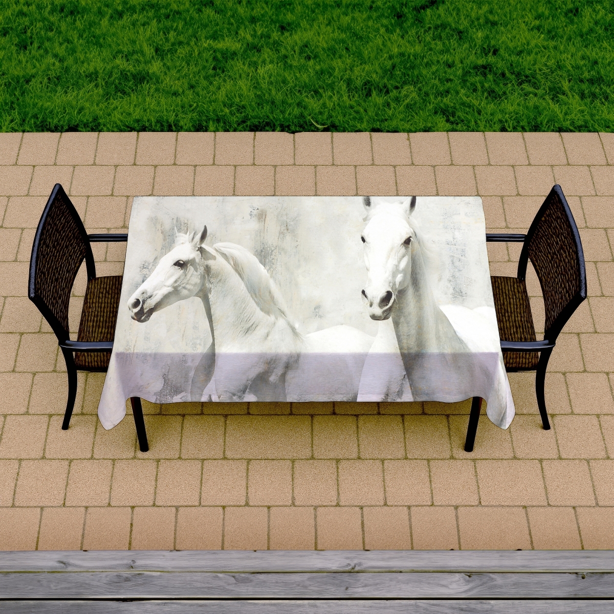 Picture of Begin Home Decor C1TCLRGETCM3N8 58 x 102 in. Two White Horses Tablecloth - Farm Animal Home Decor