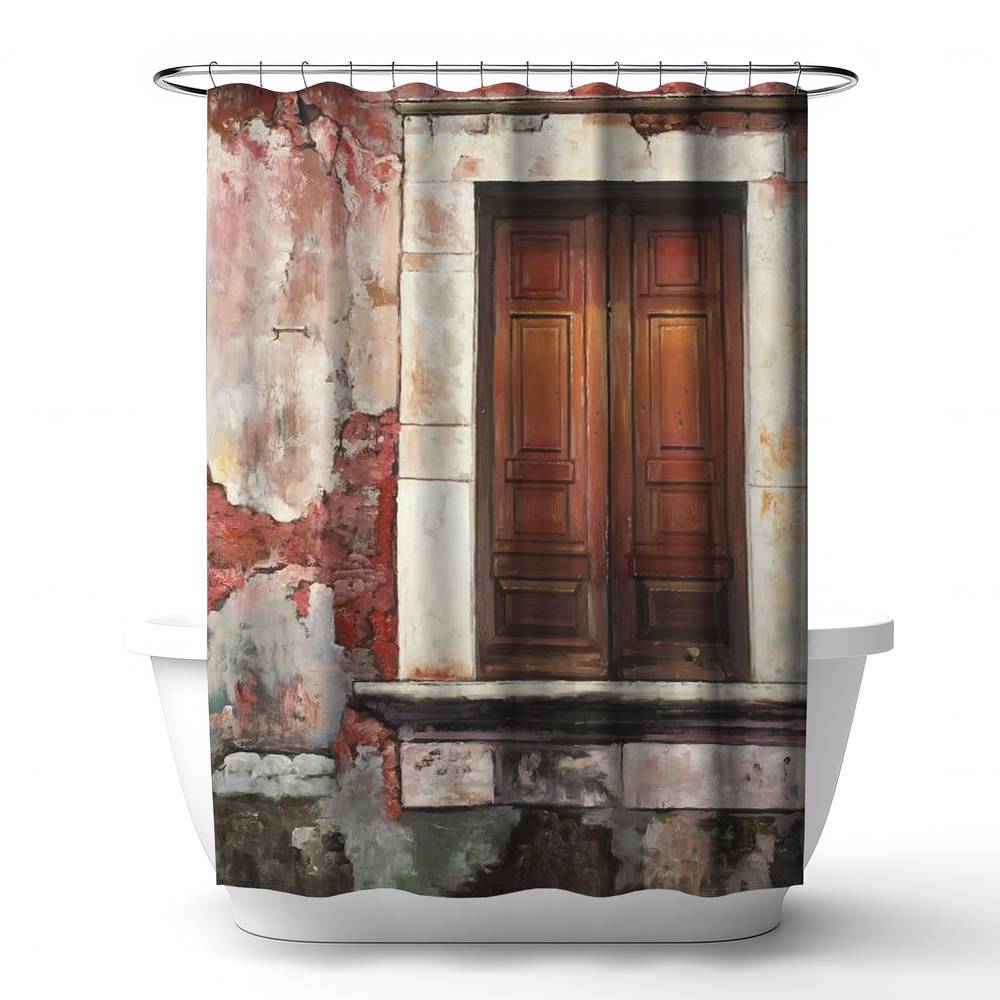 4240-7174-SL8 71 x 74 in. Still Life Livingroom Shower Curtain - Door of An Old Red Building